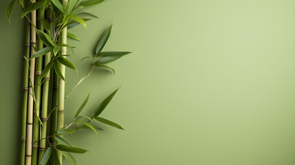 Fototapeta premium Green bamboo foliage against a pale green background, ideal for customization