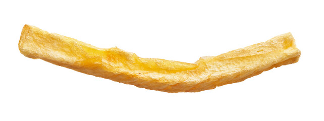 Close-up isolated image of a single golden fried potato chip against a white background,...