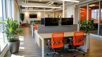 Contemporary office furniture and layout, emphasizing cozy nooks, adjustable desks