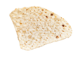 Close-up view of a single, whole tortilla chip isolated on a white background, depicting its textured surface.