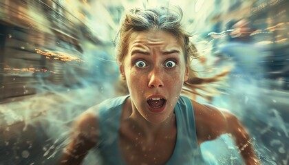 Young woman running away in panic on a deserted street, her expression filled with fear