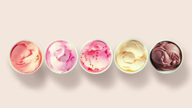 Ice cream row assortment multicolored top view turning around dessert summer sweets tasty unhealthy food refreshing cool