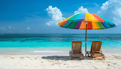 Beach chairs under a multicolored rainbow umbrella on a sandy beach, creating a scene of relaxation and vacation vibes