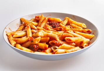 A dish of italian penne pasta coated in tomato sauce, served on a white background.