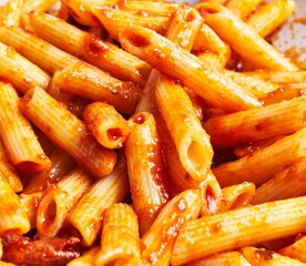 Close-up of delicious penne pasta coated in tomato sauce on a plate, implying italian cuisine.