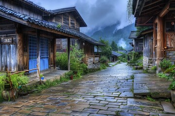 Cobblestone pathway lined with traditional wooden houses in a serene village during early morning