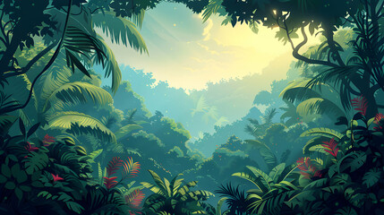 Exotic Wildlife in Rainforest: A Flat Design Backdrop Featuring Nature s Resilience with Thriving Wildlife in Lush Undergrowth   Vector Illustration Concept