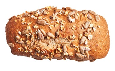 A loaf of seeded wholegrain bread isolated on a white background.