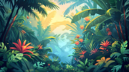 Flat Design Backdrop: Exotic Wildlife in Rainforest   Discover Nature s Resilience Through Thriving Fauna in Lush Tropical Undergrowth   Flat Illustration