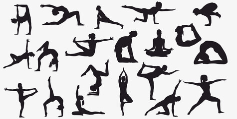 Yoga collection silhouette. Women in different poses. 