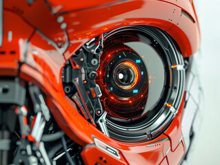 The red eye of a robot is looking at you. The robot has a metallic body and a glowing eye. It is looking at you with its head tilted a bit.