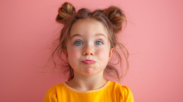 portrait cheeky girl making a funny face, set against a pastel background. This playful image conveys a sense of humor and mischief, perfect for adding a lighthearted touch to designs or messages.