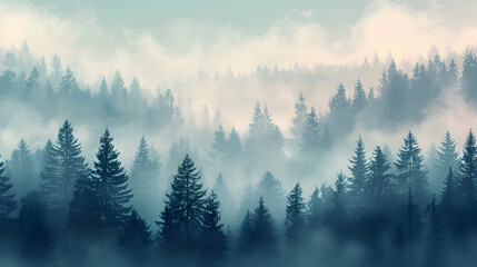 Foggy Old Growth Forest at Dawn   Early morning mist blankets the ancient woodland, adding an air of mystery. Flat design backdrop illustration.