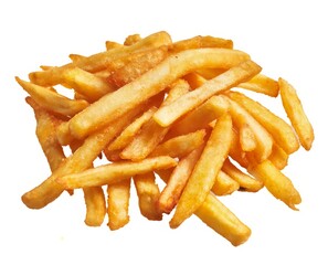 Golden crispy french fries isolated on white background ready for snacking or fast food advertising.