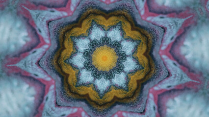 Lotus mandala. Floral kaleidoscope. Defocused blue pink golden color shiny glitter texture ink flow...