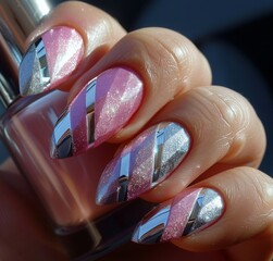 Womans Hand With Pink and Silver Manicure
