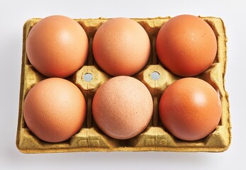 Close-up of fresh brown eggs in a golden carton tray against a white background, denoting organic, groceries, breakfast, and nutrition.