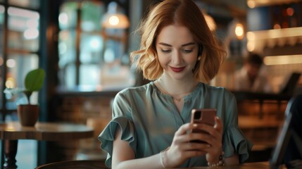 Woman Texting on Smartphone at Cafe