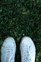White sneakers against the grass. White sneakers on green background. 