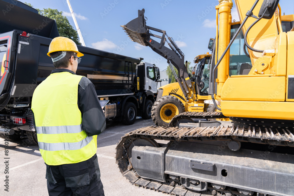 Aufkleber engineer in a helmet with a digital tablet stands next to construction excavators