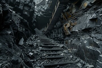 Dark, atmospheric shot of a decrepit staircase in an abandoned mine, illustrating desolation
