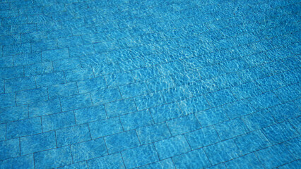 Calm turquoise swimming pool water reflecting sunlight with clear tiles and ripples suitable for...