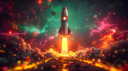 Vivid digital illustration of a rocket launching into a stunning, color-rich cosmic nebula, surrounded by glowing stars and clouds