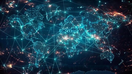 A digital world map with glowing trade routes, top view, depicting global connectivity, technology tone, Tetradic color scheme