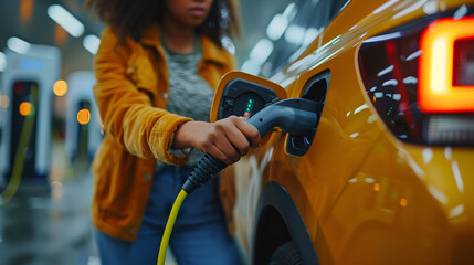 Naklejka premium Closeup hand woman recharge electric car