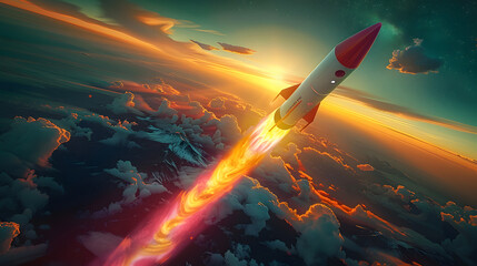Striking image of a rocket soaring through the sky during golden hour, leaving a fiery trail above cloud-covered mountains