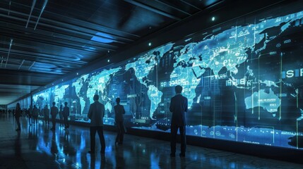 A global logistics conference with world maps on digital displays, side view, featuring international collaboration, robotic tone, Monochromatic Color Scheme