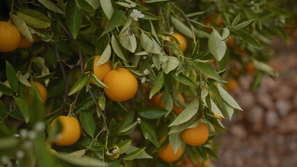 Close-up of a ripe orange citrus sinensis fruit hanging on the tree, with green leaves and blurred background.