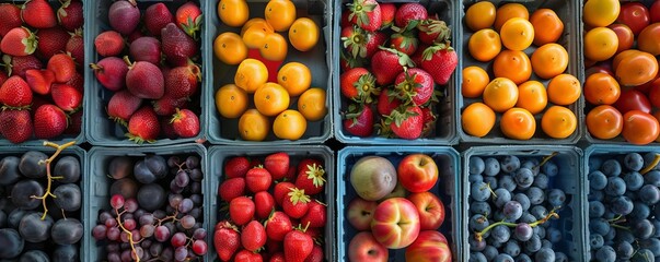 A popup roadside fruit stand, top view, featuring colorful seasonal fruits, cybernetic tone, vivid