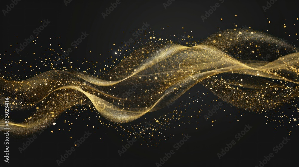 Poster Abstract Golden Wave. Shiny gold line design element with sparkling effect on dark background