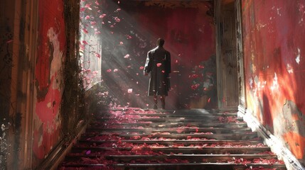 The dark figure at the top of the stairs is a metaphor for the challenges that lie ahead. The red petals could represent the blood that has been shed in the pursuit of power.