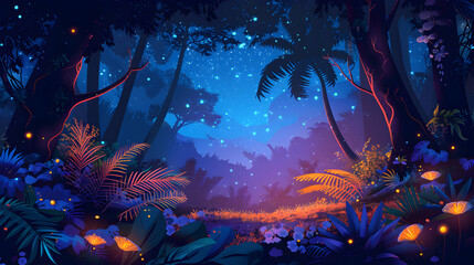 Naklejka na ściany i meble Nightfall in the Tropical Rainforest Illuminated by Bioluminescent Fungi
