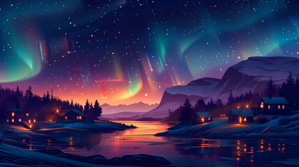 Northern Lights Over Coastal Village: A Harmonious Blend of Civilization and Nature   Flat Design Backdrop Offering a Magical Glow and Tranquility by the Sea