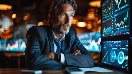 Obraz premium A successful trader sits behind monitors and controls trading charts on a crypto exchange.