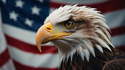 Naklejka premium Capturing the essence of American pride, a majestic eagle soars against the backdrop of the Stars and Stripes, marking the celebration of USA Flag Day and Independence Day. ai generated