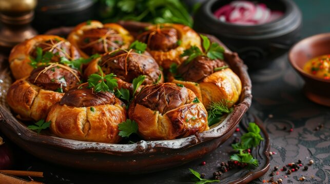 The cuisine of Yemen. A festive kubana with meat. 