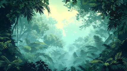 Exploring the Rich Biodiversity of Rainforest Canopy in Old Growth Forest with Flat Design Concept: A Mysterious Adventure Awaits in the Lush Green Canopy of an Ancient Forest