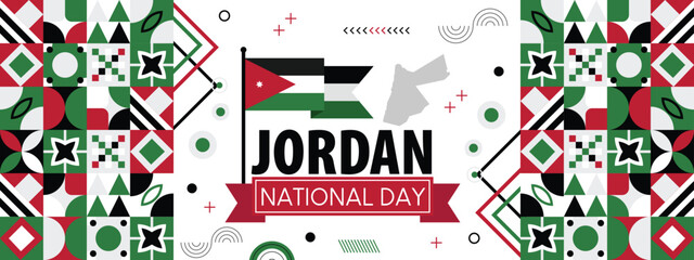 Jordan Independence Day abstract banner design with flag and map. Flag color theme geometric pattern retro modern Illustration design. Green, white, black and Red color template.