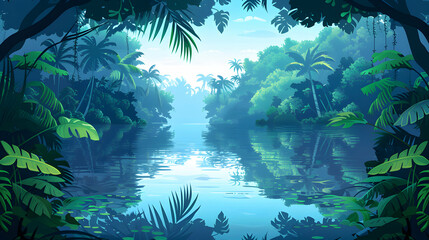 Tranquil Rainforest River Reflections: Calm Waters Reflecting Intricate Web of Life, Enhanced by Nature s Serenity   Flat Design Illustration