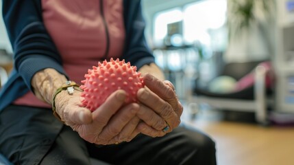 Senior  Holding Therapy Ball. Senior as she grips a therapy ball, demonstrating exercises possibly related to maintaining motor skills or rehabilitation in a well-lit therapy room. Alzheimer
