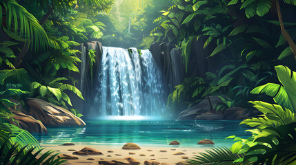 Hidden Oasis in Tropical Rainforest: Waterfall Serenity with Lush Vegetation   Flat Design Backdrop Concept