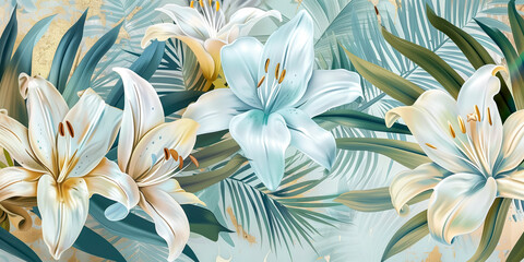 Madonna Lily. White Easter Lily flowers in garden. Lilies blooming. Lilium Candidum. Garden Lillies with white petals.