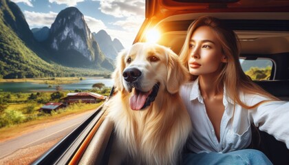 Golden retriever peers from a vintage car window, a woman beside, a scenic mountains backdrop. Road...