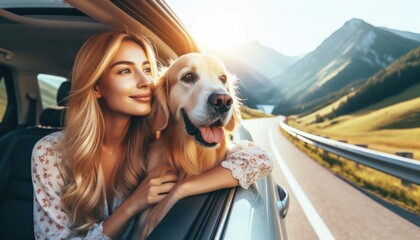 Golden retriever peers from a vintage car window, a woman beside, a scenic mountains backdrop. Road trip vibes abound