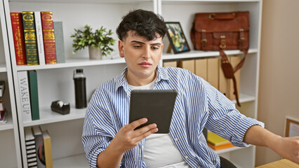 A young man in a striped shirt focuses on a tablet while seated in a modern office with bookshelves...