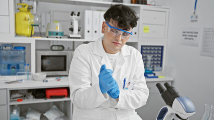A young man in a lab coat performs a scientific experiment indoors, exuding professionalism and...